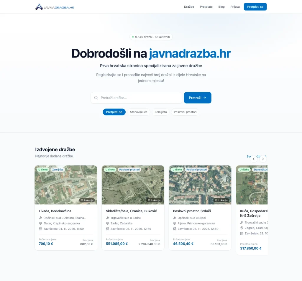 Javnadrazba.hr – Startseite mit Suche und hervorgehobenen Versteigerungen
