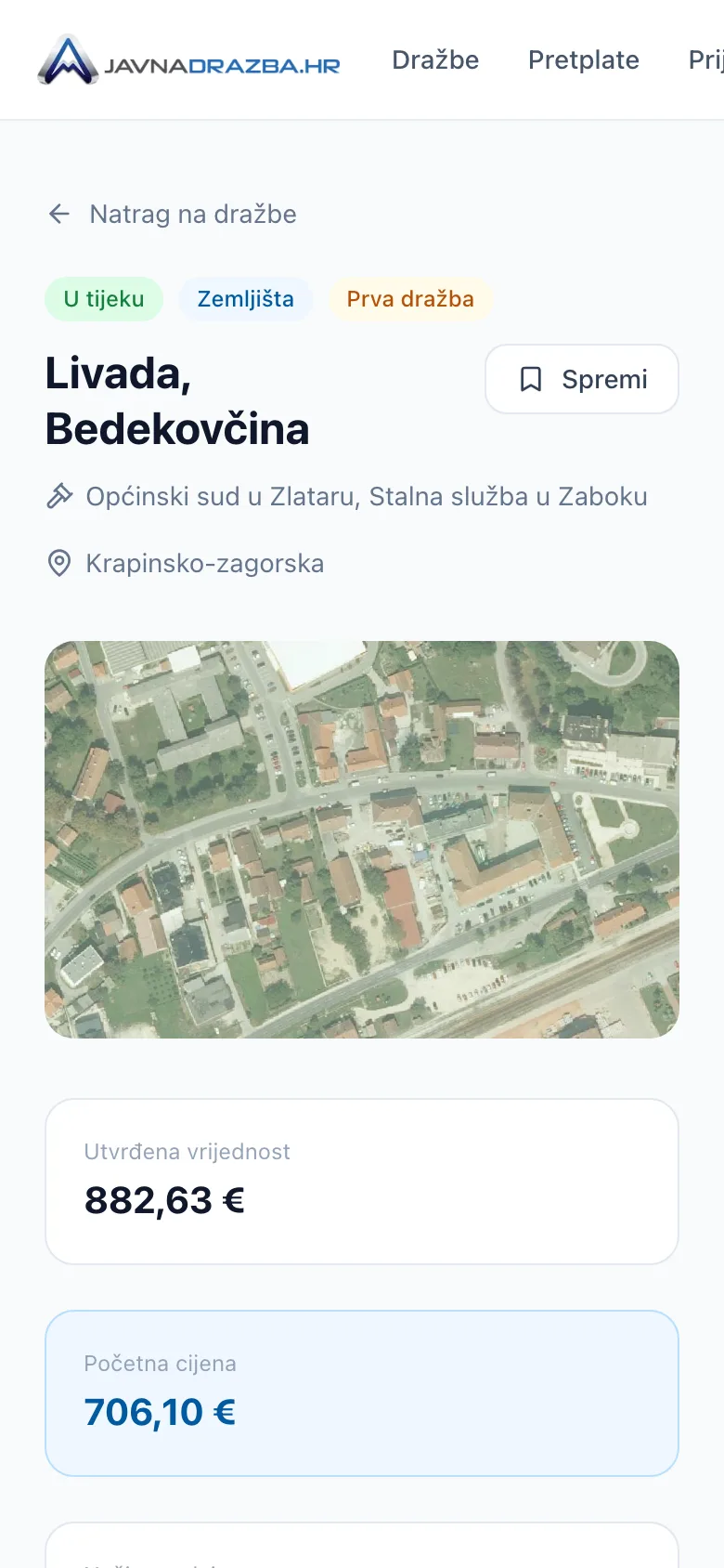 Javnadrazba.hr – Inserat einer öffentlichen Versteigerung auf dem Smartphone
