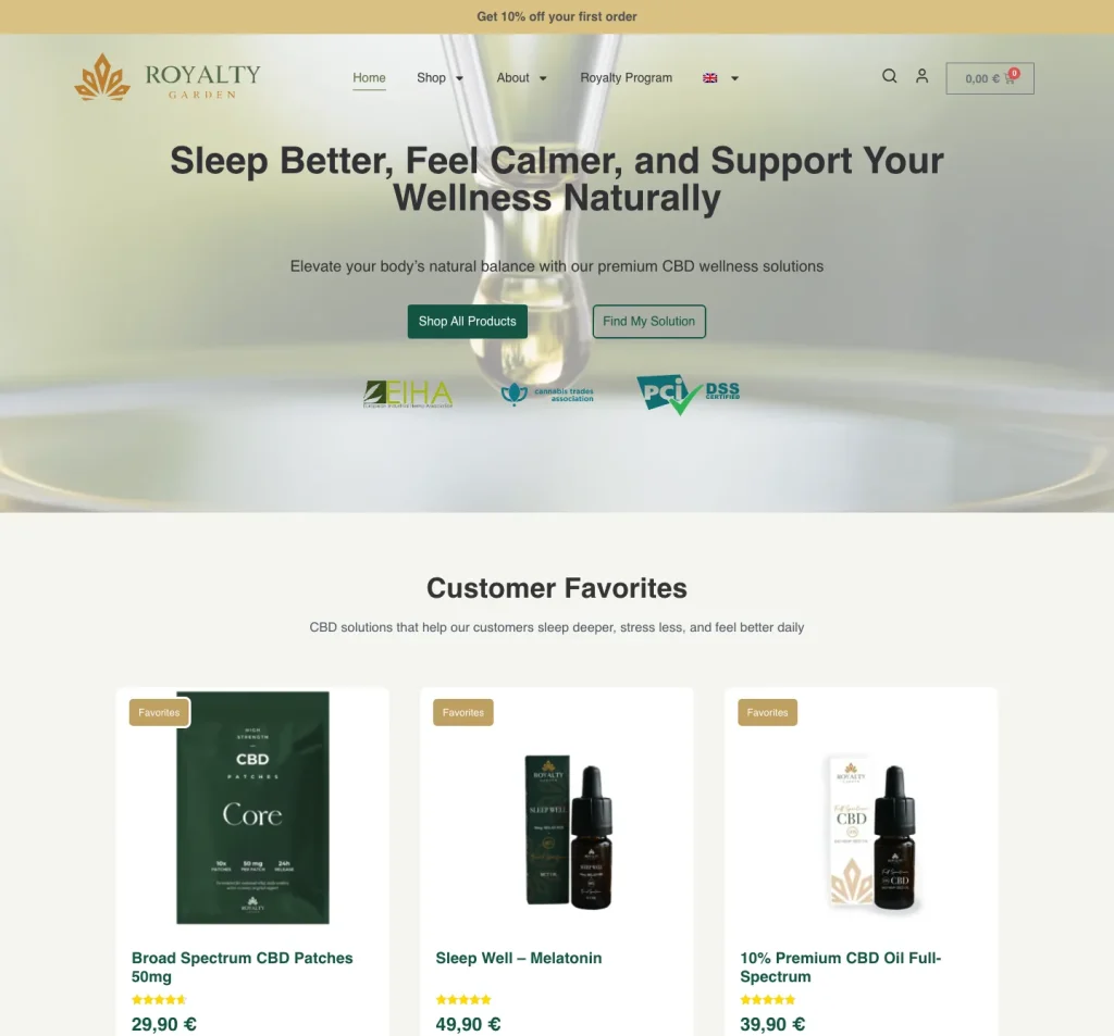 Royalty Garden – Startseite des Webshops mit CBD-Produkten