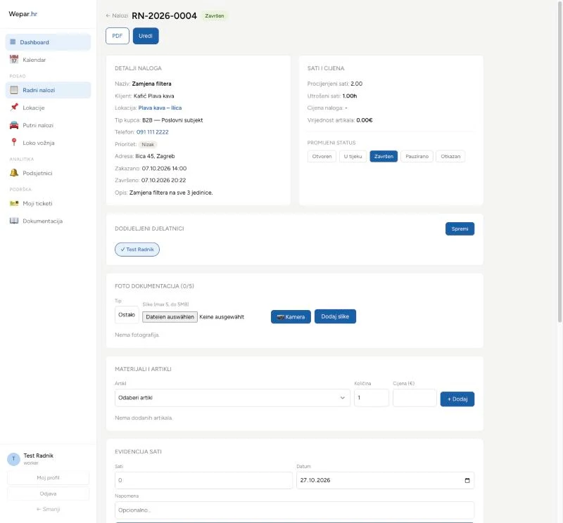 Wepar – Arbeitsauftrag mit Details, Stunden und Status am Rechner
